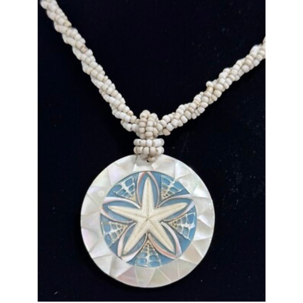 Sand Dollar Shell Pendant Necklace Abalone Starfish Inlay Beaded Strand Boho